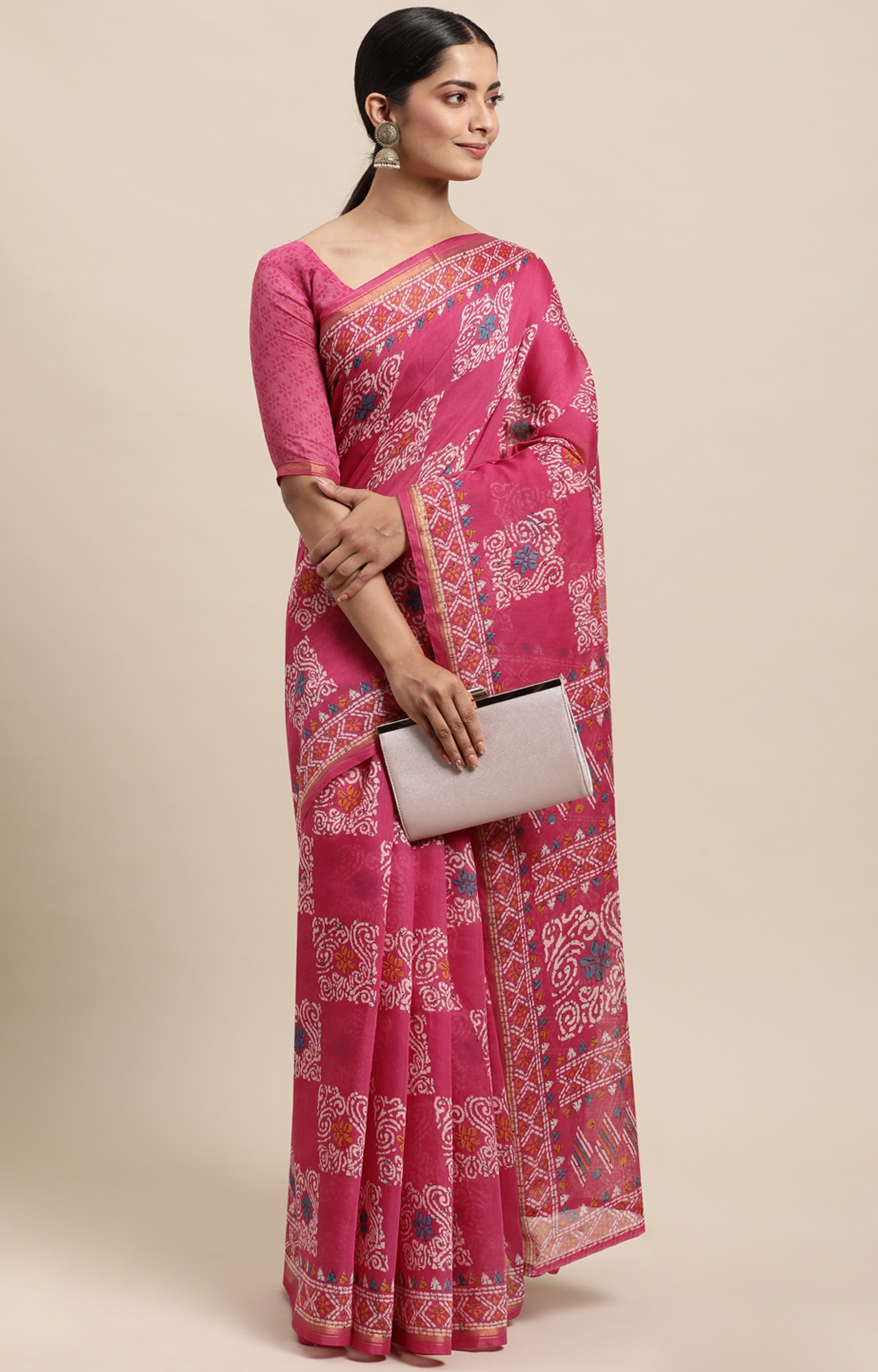 Shaily Women's Pink Cotton Linen Blend Printed Saree-HACTN0009PNK