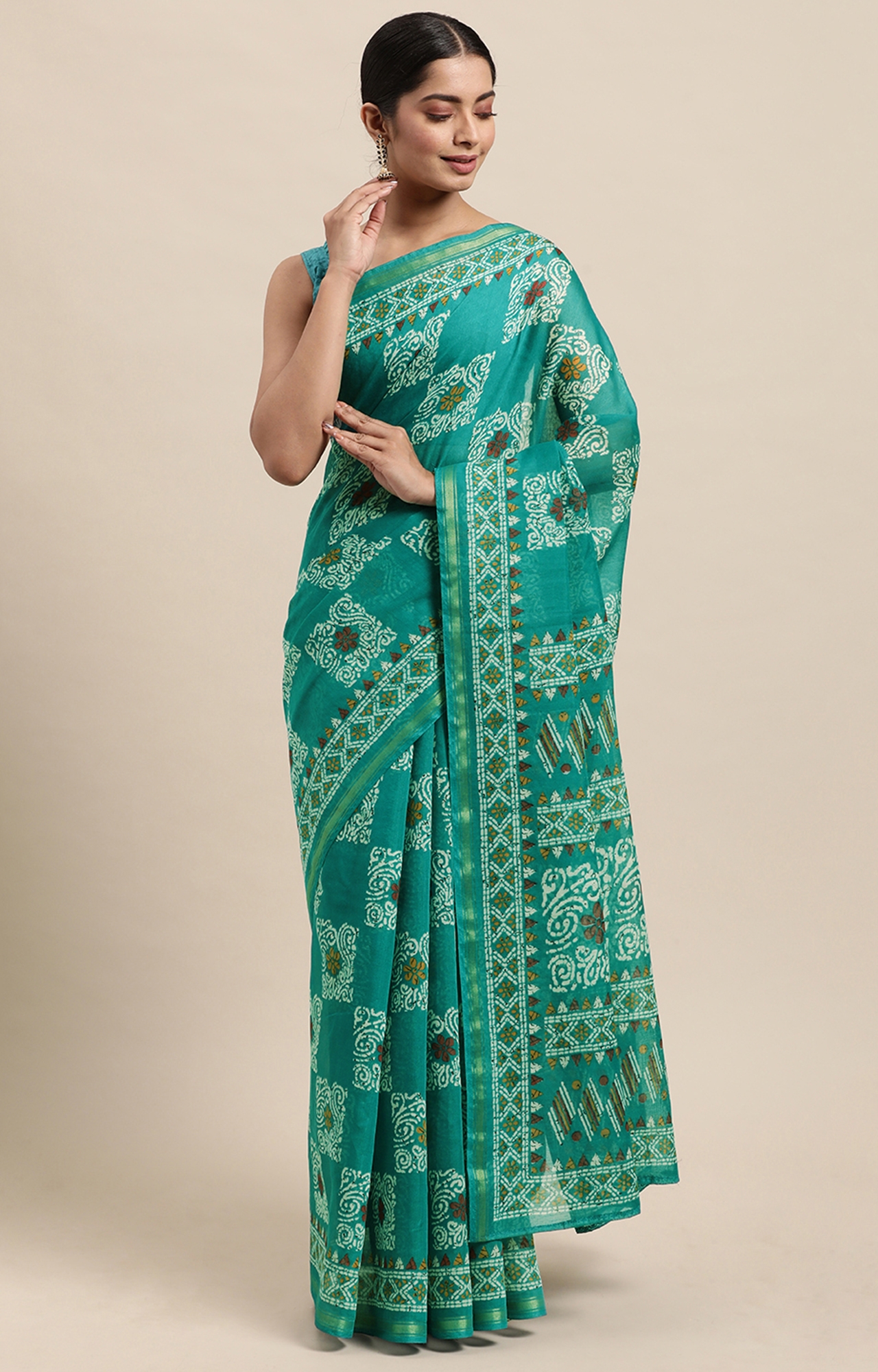 Shaily Women's Dark Green Cotton Linen Blend Printed Saree-HACTN0009RAMA
