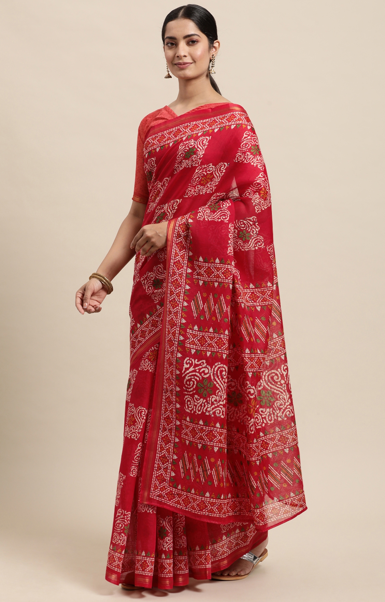 Shaily Women's Red Cotton Linen Blend Printed Saree-HACTN0009RED