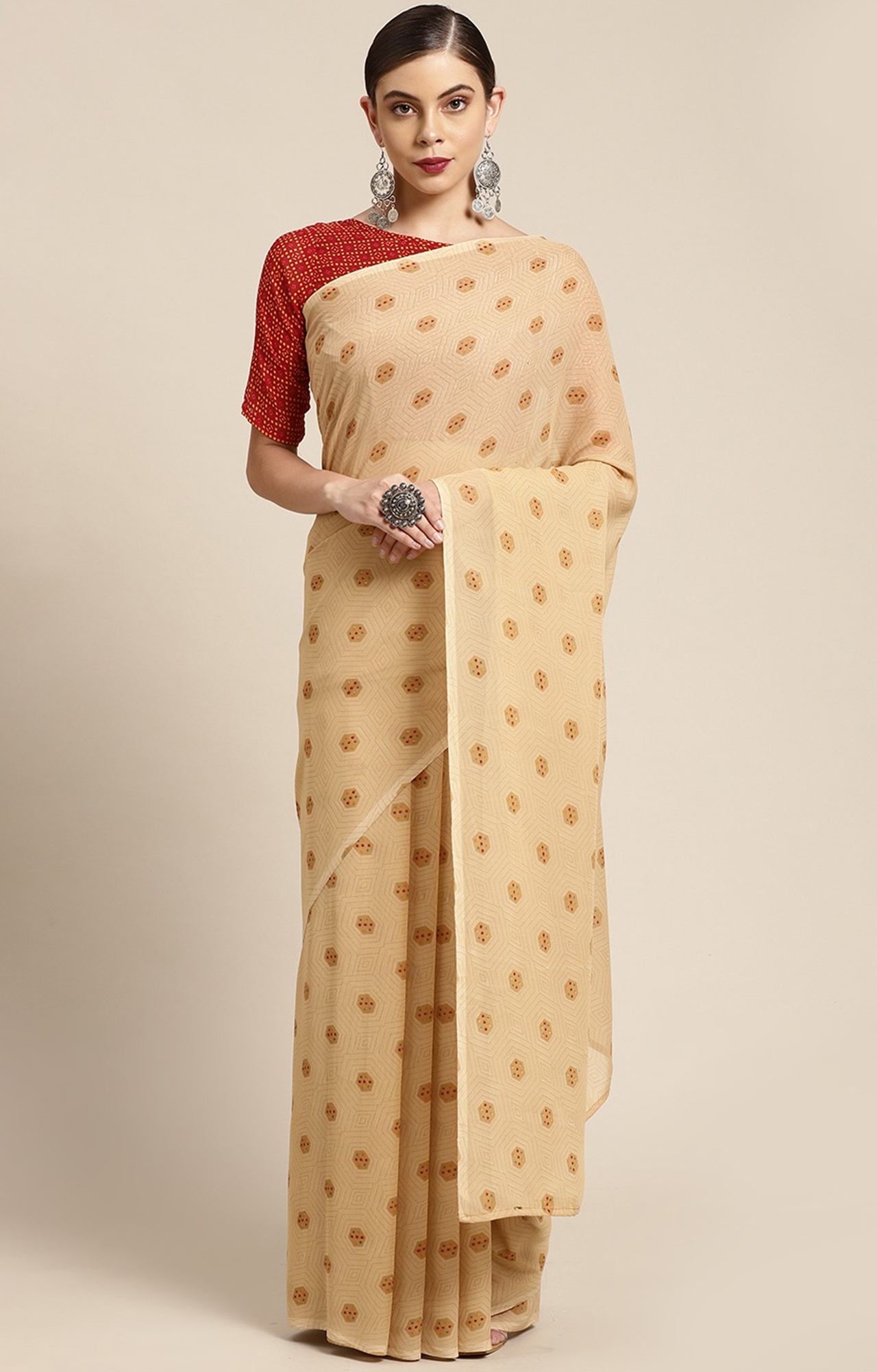 Shaily Women's Beige Poly Georgette Printed Saree-HARYN00024BEIGE