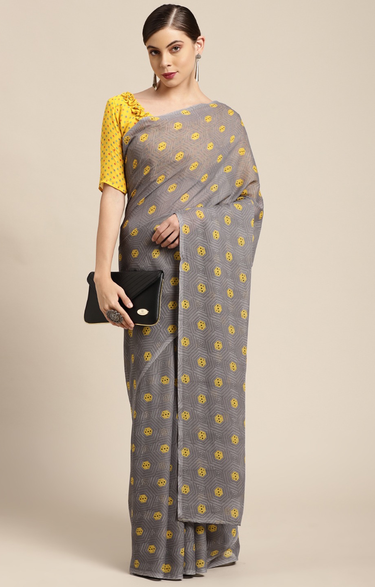 Shaily Women's Grey Poly Georgette Printed Saree-HARYN00024GREY