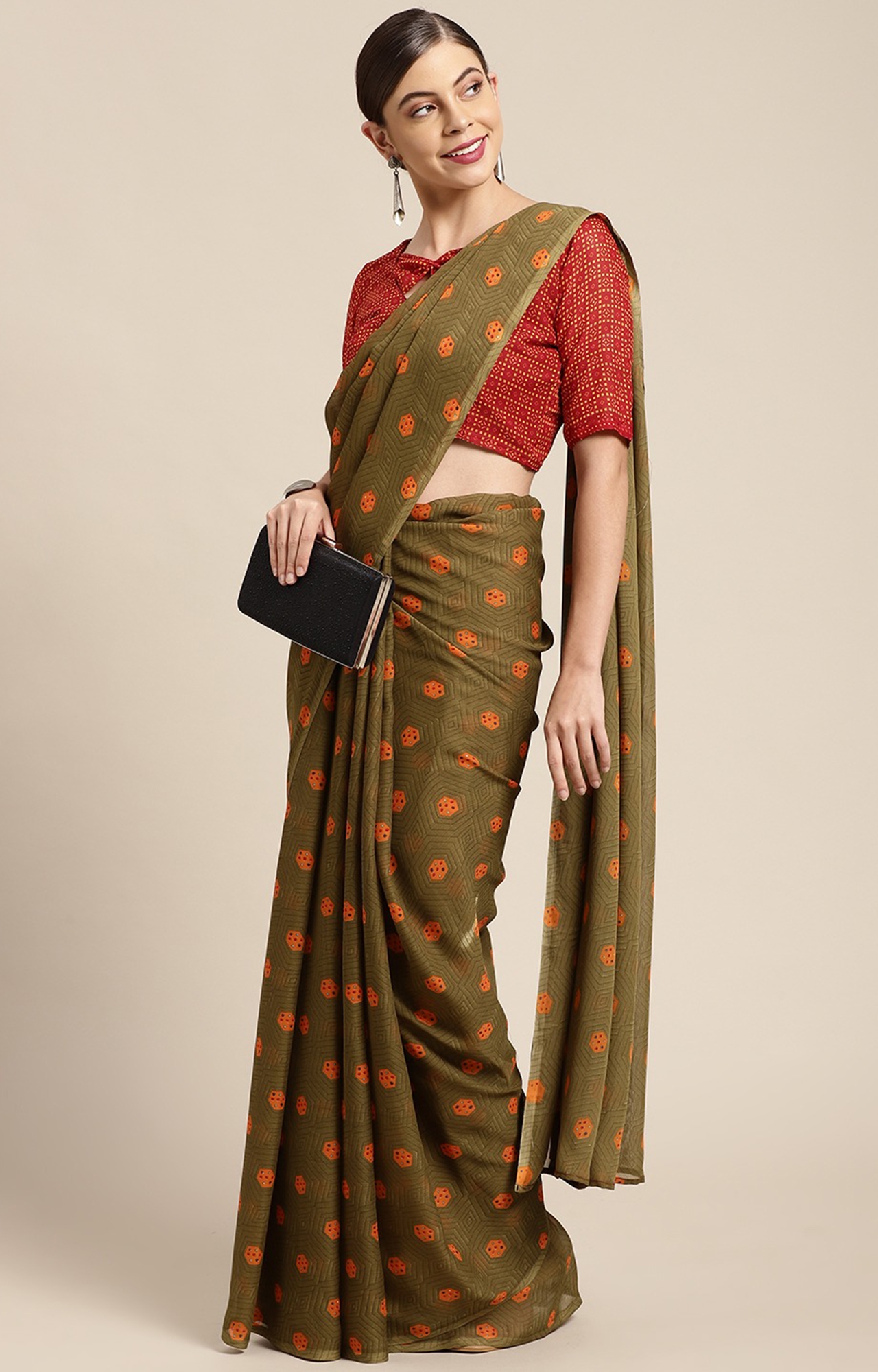 Shaily Women's Olive Poly Georgette Printed Saree-HARYN00024OLIV