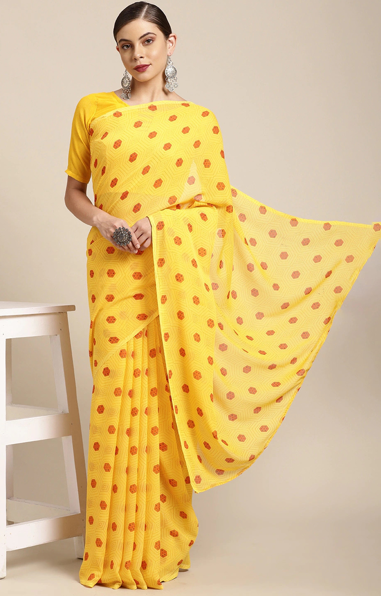 Shaily Women's Yellow Poly Georgette Printed Saree-HARYN00024YLW
