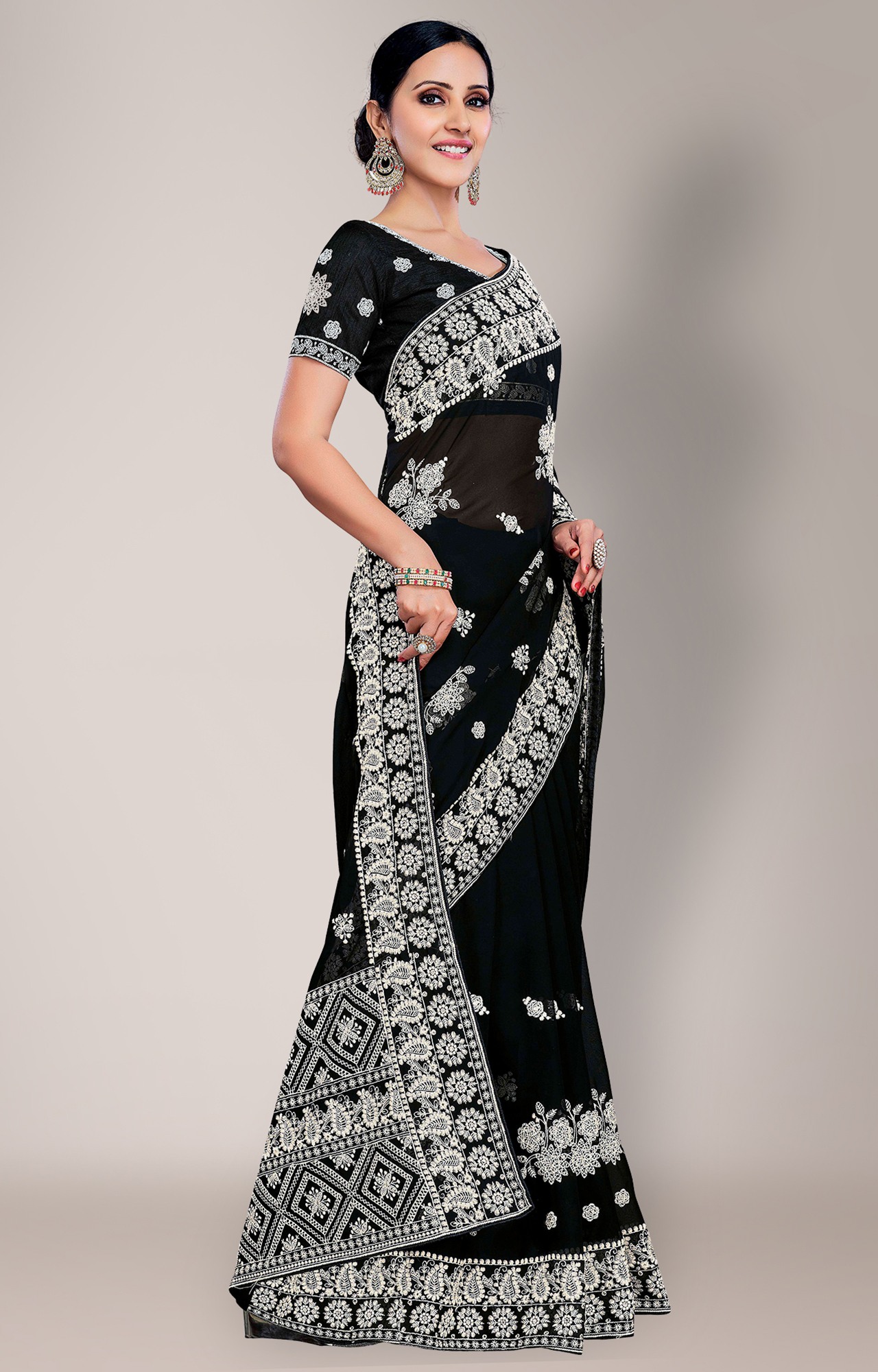 Shaily Women's Black Georgette Lakhnavi Chikankari Work Saree-HATRADE1040BLCK