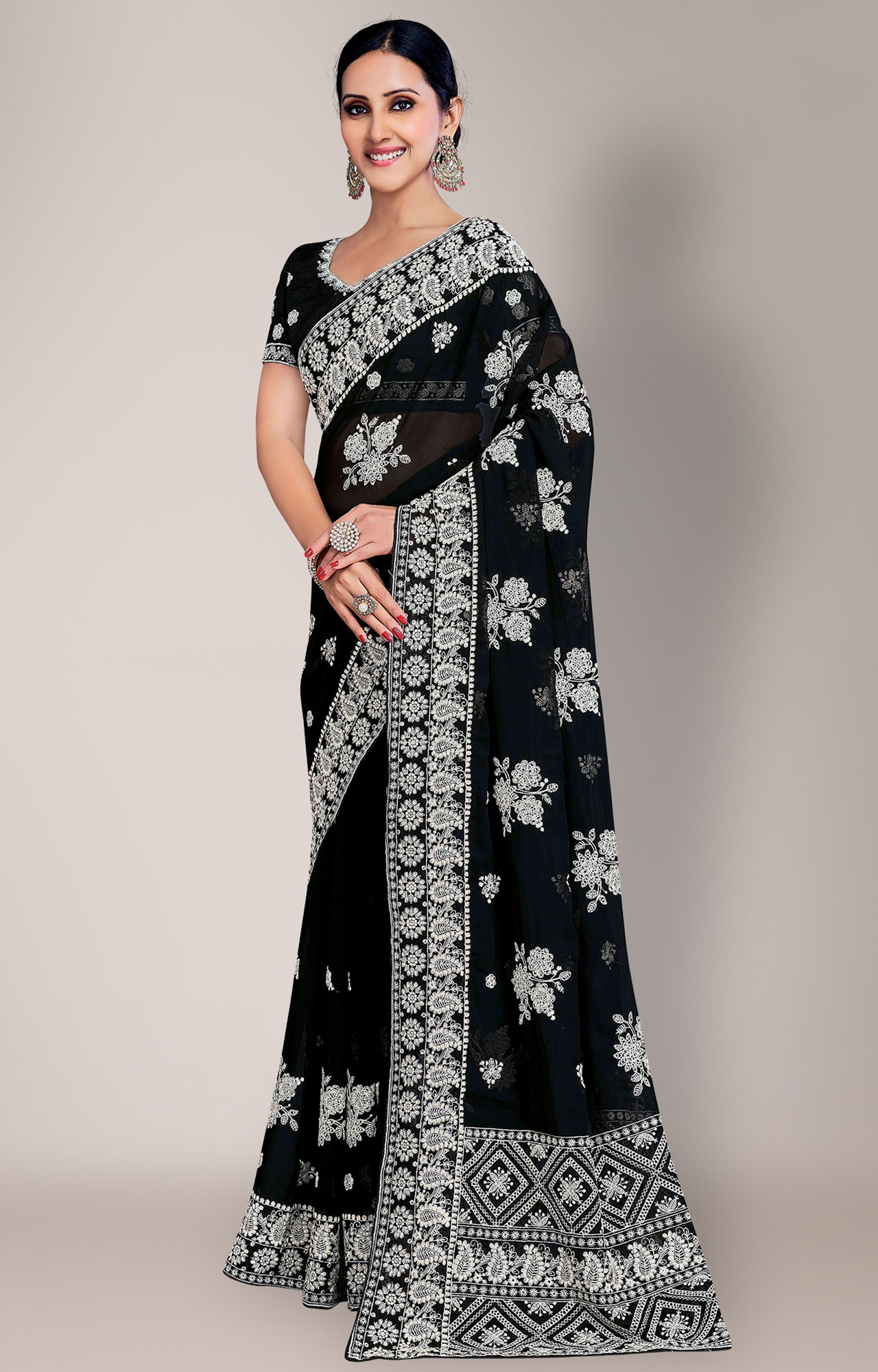 Shaily Women's Black Georgette Lakhnavi Chikankari Work Saree-HATRADE1040BLCK