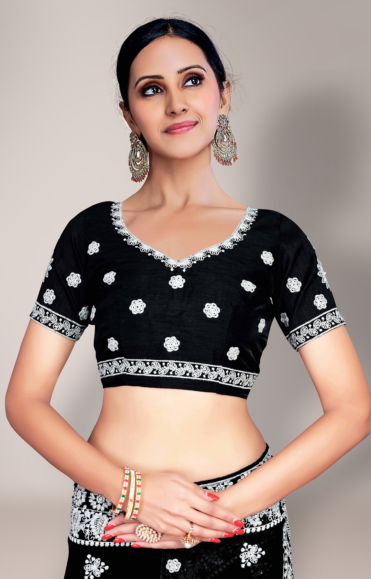 Shaily Women's Black Georgette Lakhnavi Chikankari Work Saree-HATRADE1040BLCK