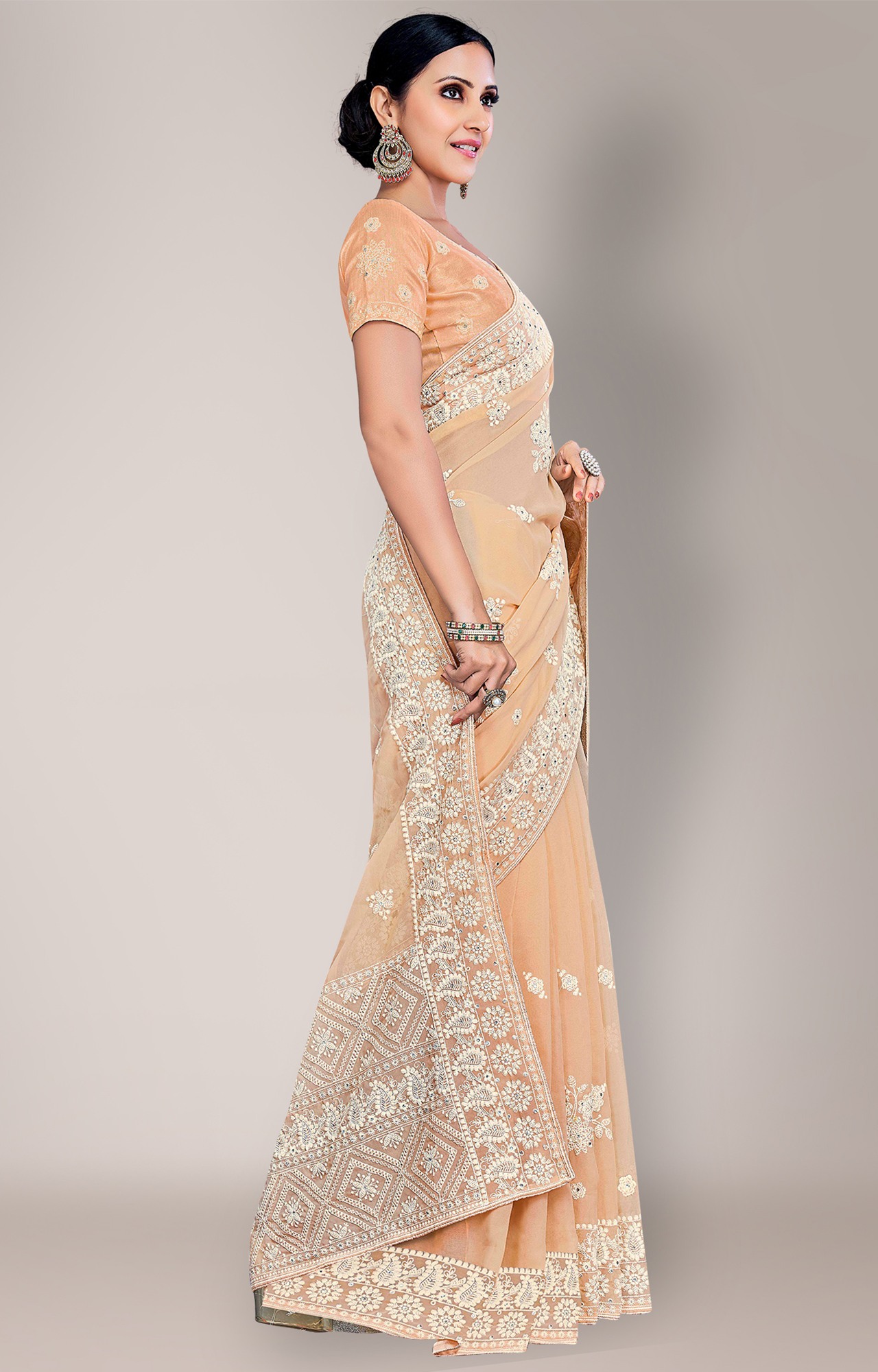 Shaily Women's Cream Georgette Lakhnavi Chikankari Work Saree-HATRADE1040CREAM