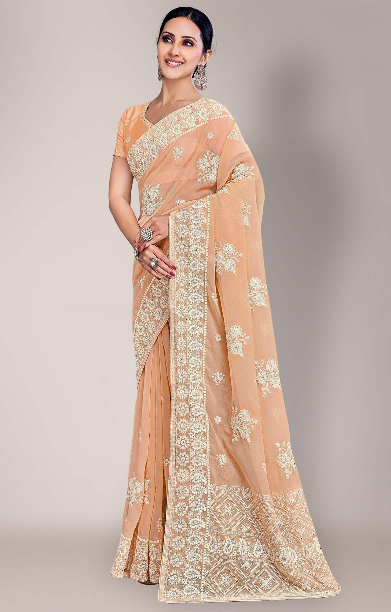 Shaily Women's Cream Georgette Lakhnavi Chikankari Work Saree-HATRADE1040CREAM