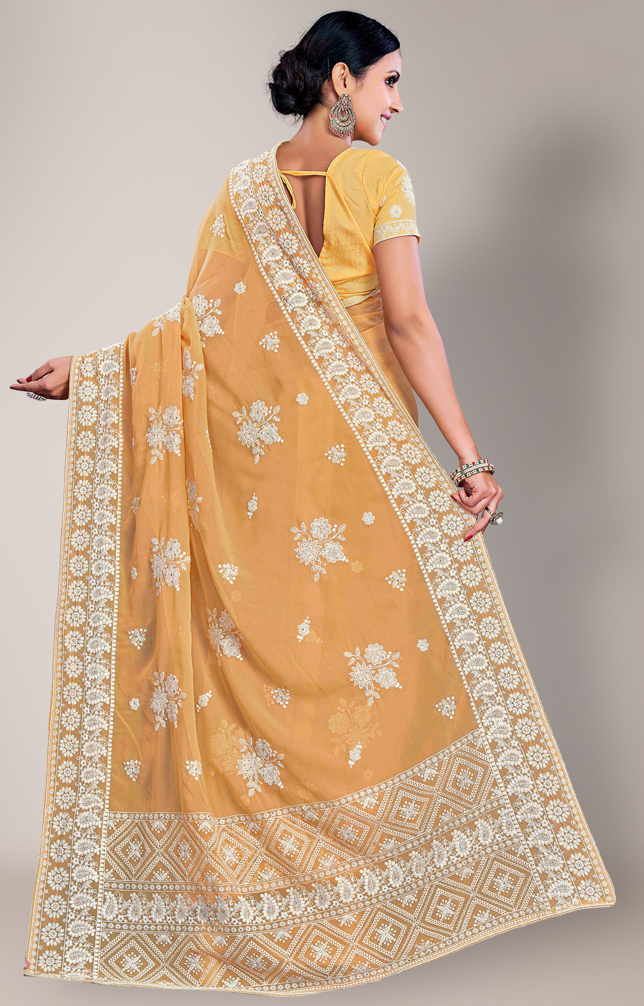 Shaily Women's Mustard Georgette Lakhnavi Chikankari Work Saree-HATRADE1040MSTRD