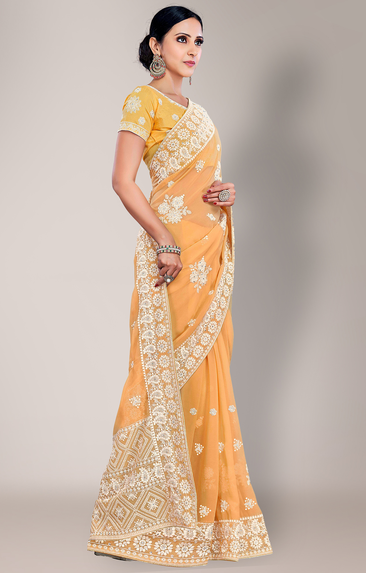 Shaily Women's Mustard Georgette Lakhnavi Chikankari Work Saree-HATRADE1040MSTRD