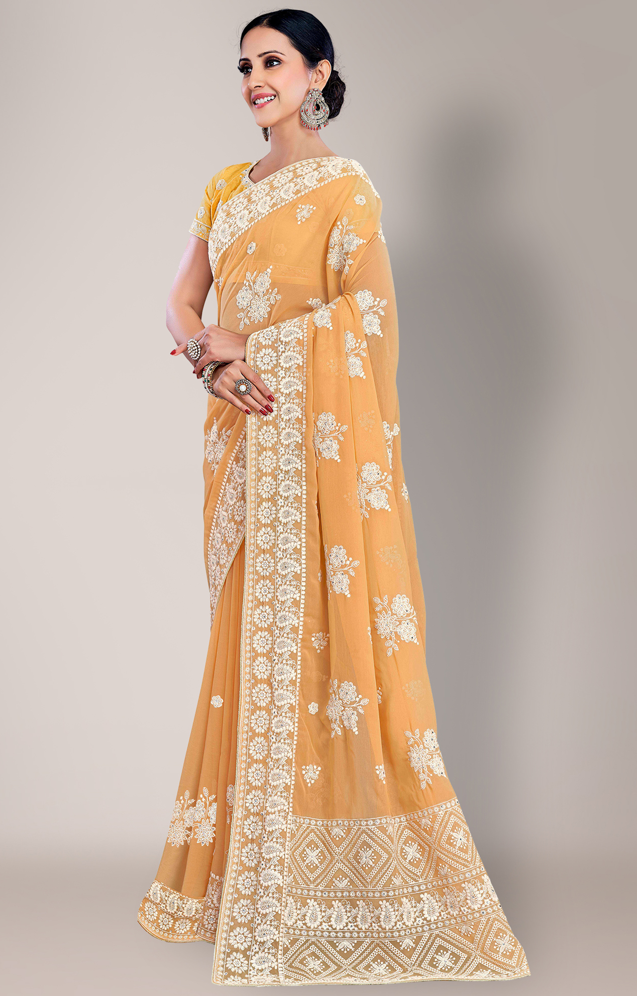 Shaily Women's Mustard Georgette Lakhnavi Chikankari Work Saree-HATRADE1040MSTRD