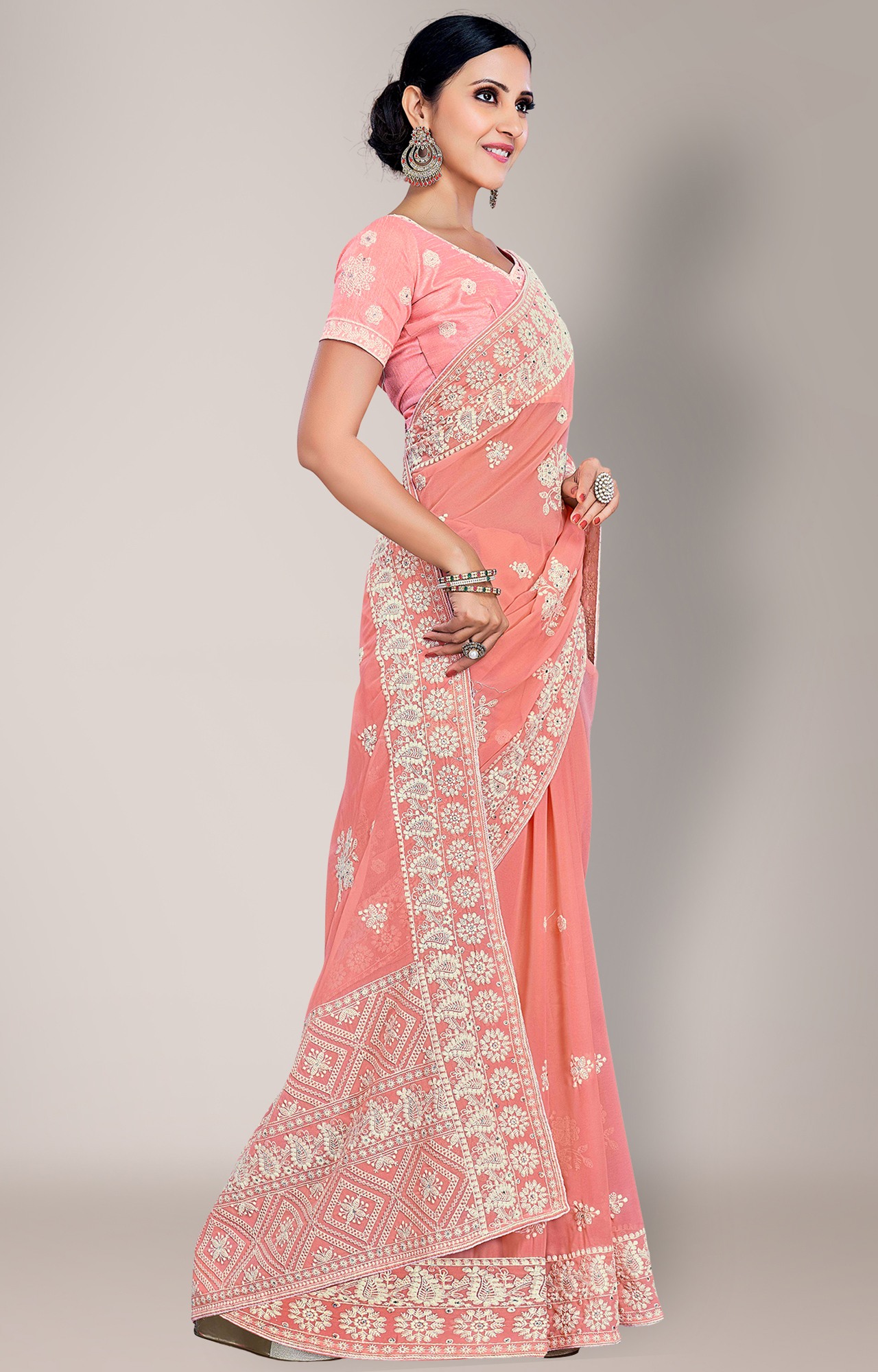 Shaily Women's Peach Georgette Lakhnavi Chikankari Work Saree-HATRADE1040PEACH