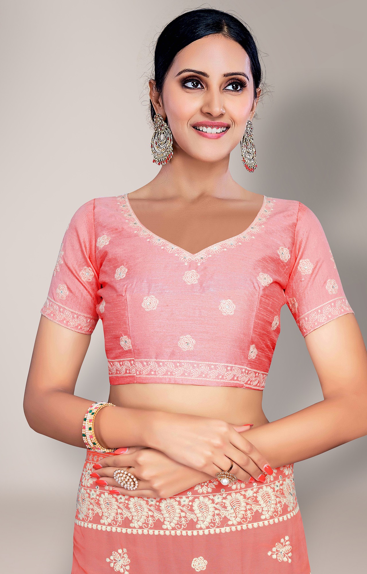 Shaily Women's Peach Georgette Lakhnavi Chikankari Work Saree-HATRADE1040PEACH