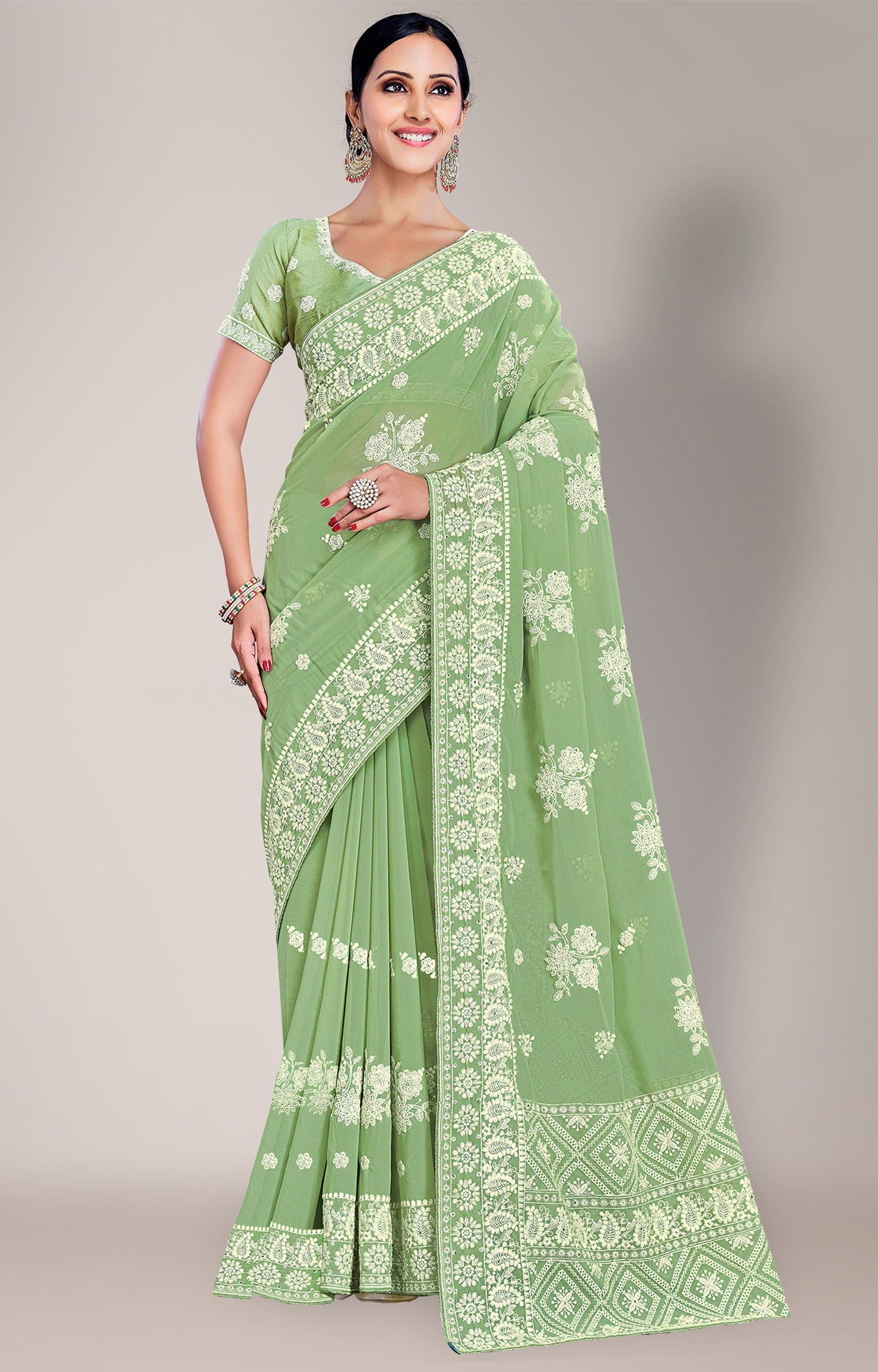 Shaily Women's Pista Green Georgette Lakhnavi Chikankari Work Saree-HATRADE1040PIGRN
