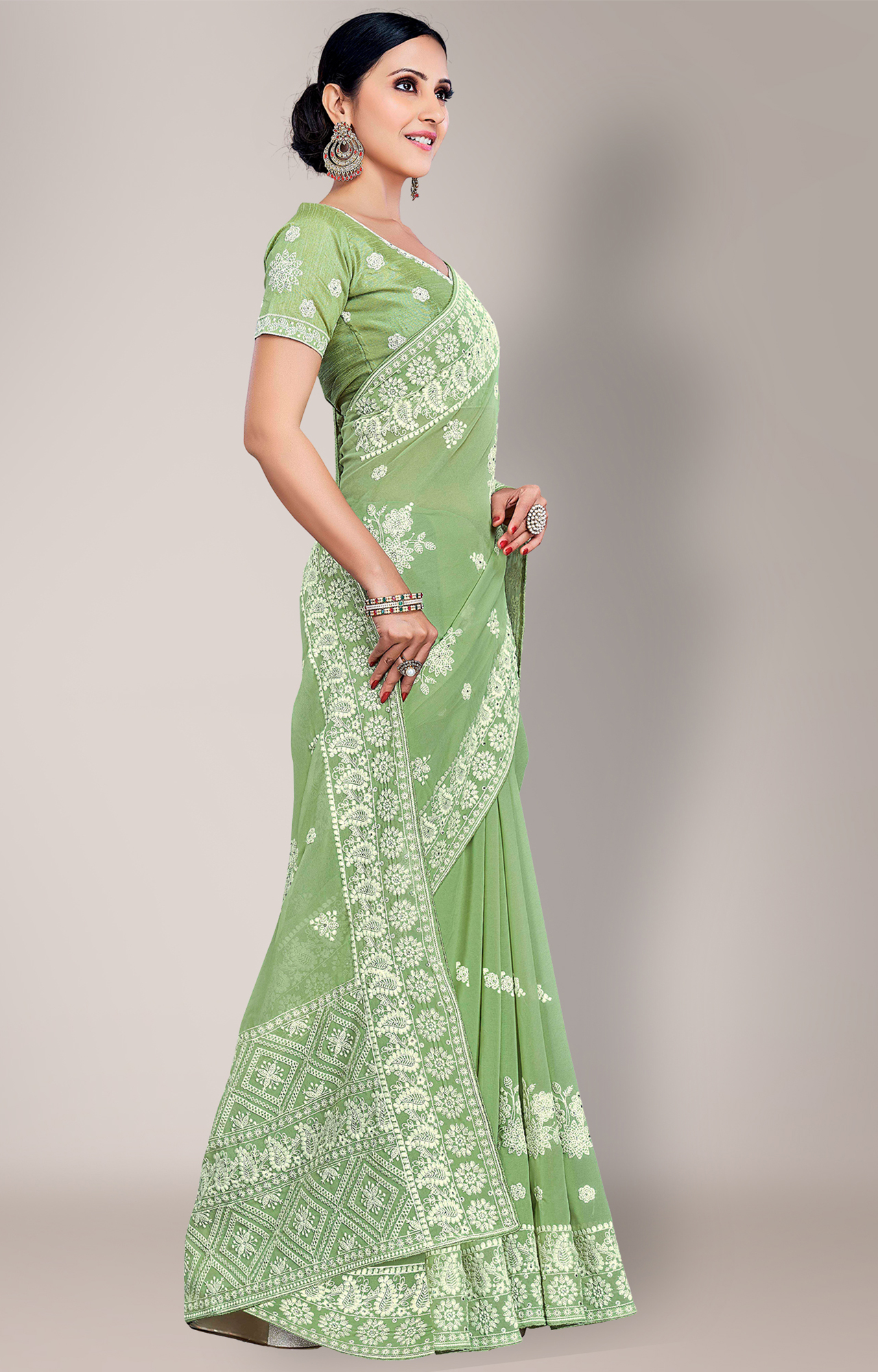 Shaily Women's Pista Green Georgette Lakhnavi Chikankari Work Saree-HATRADE1040PIGRN