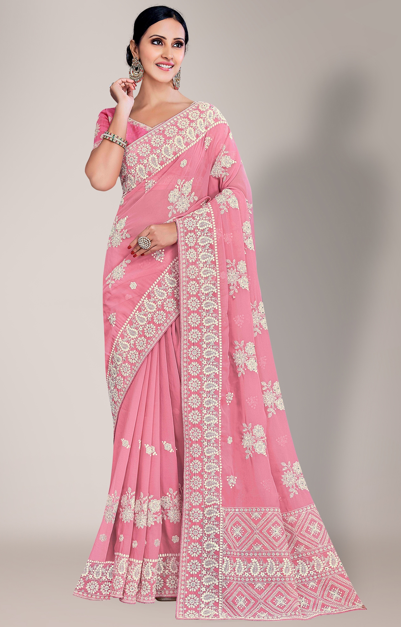Shaily Women's Pink Georgette Lakhnavi Chikankari Work Saree-HATRADE1040PNK