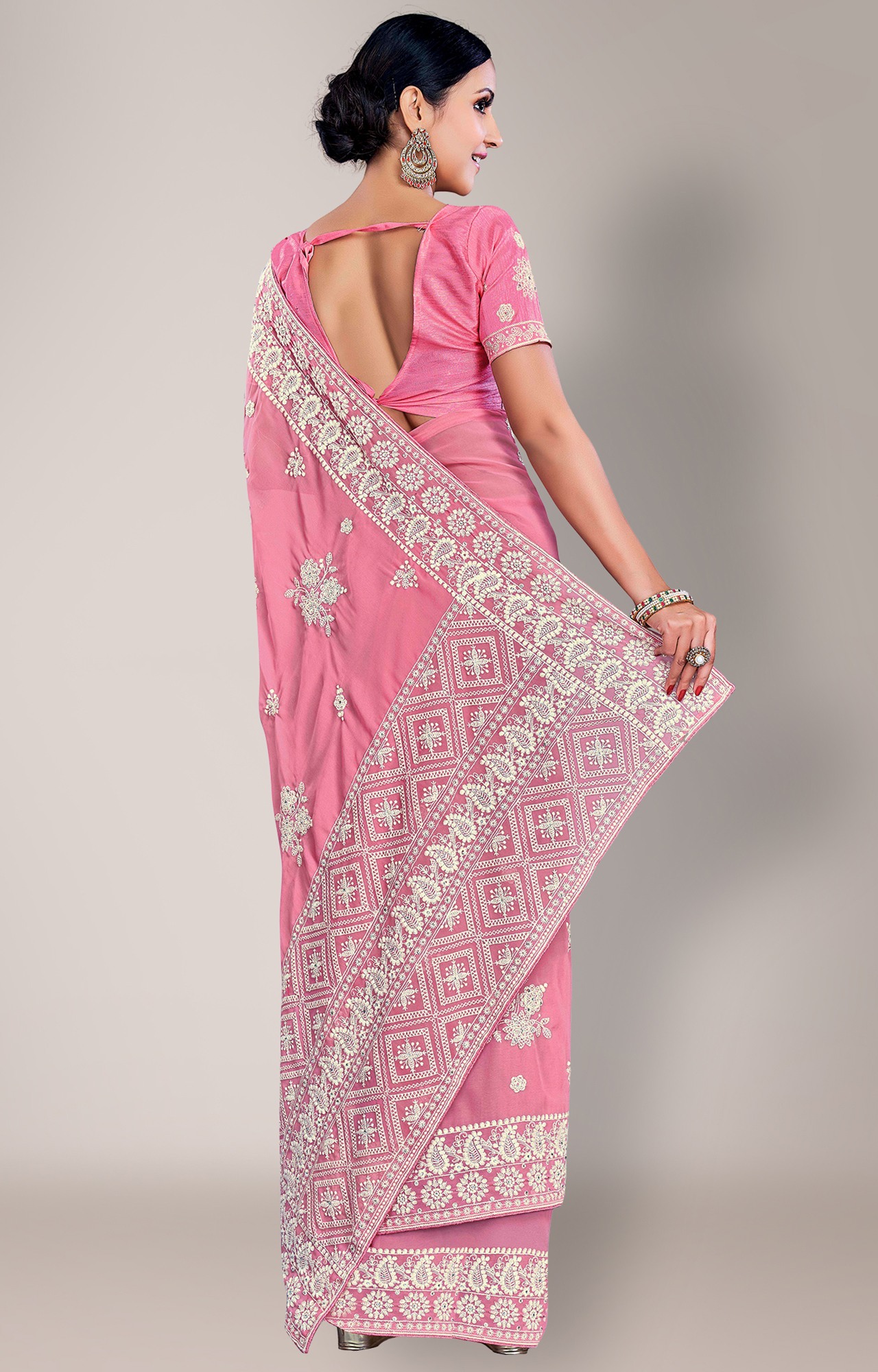 Shaily Women's Pink Georgette Lakhnavi Chikankari Work Saree-HATRADE1040PNK