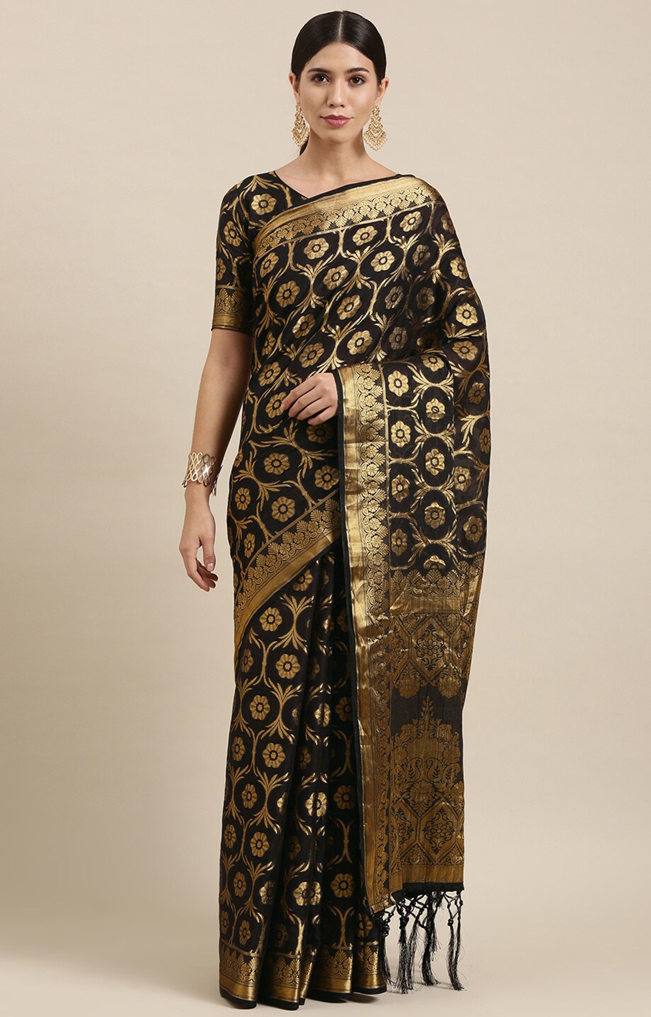 Shaily Women's Black Silk Blend Woven Design Saree-SHY_MT1001BLCK_SR01