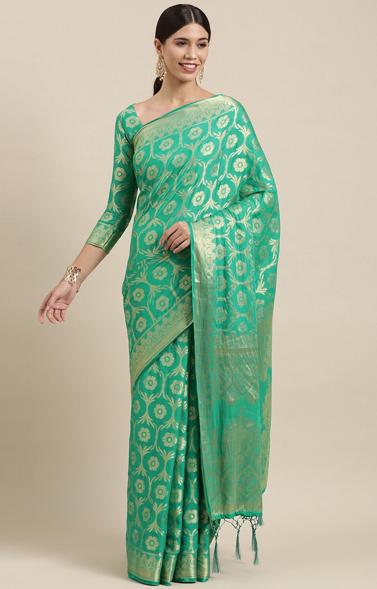 Shaily Women's Green Silk Blend Woven Design Saree-SHY_MT1001GRN_SR01
