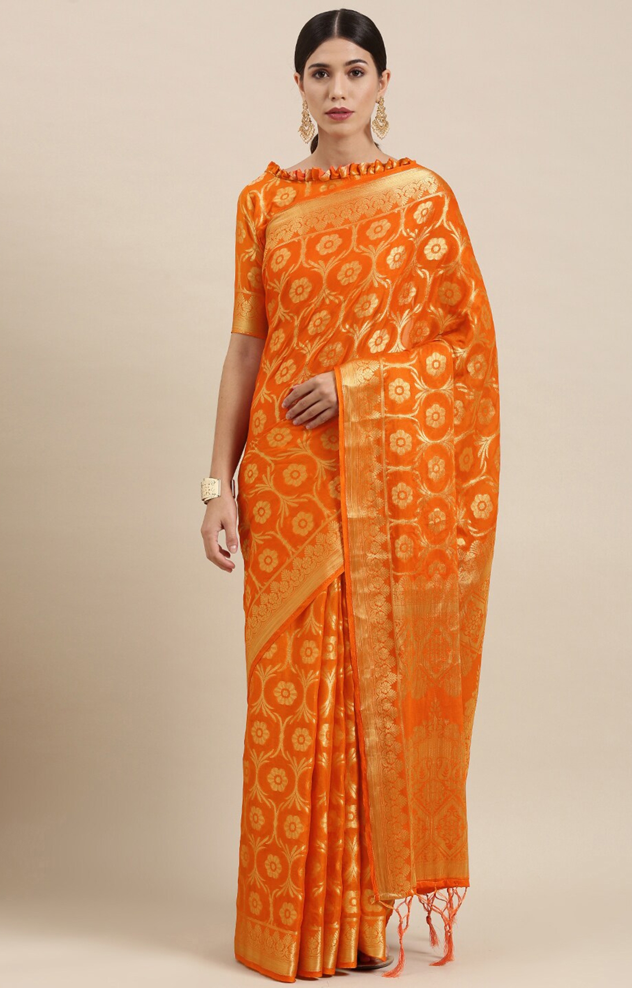 Shaily Women's Orange Silk Blend Woven Design Saree-SHY_MT1001ORNG_SR01