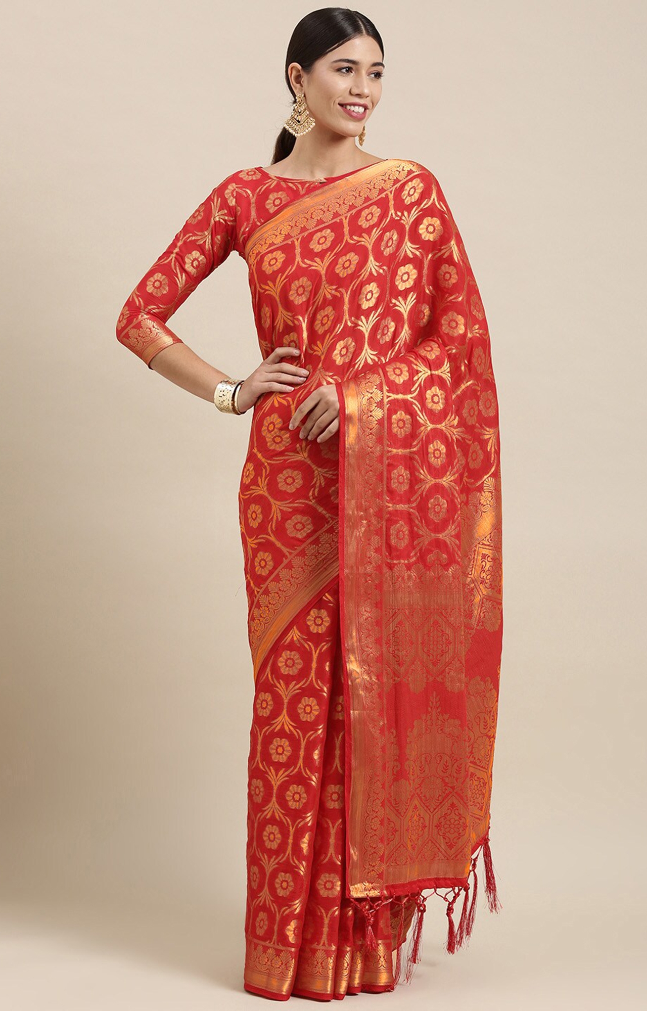 Shaily Women's Red Silk Blend Woven Design Saree-SHY_MT1001RED_SR01