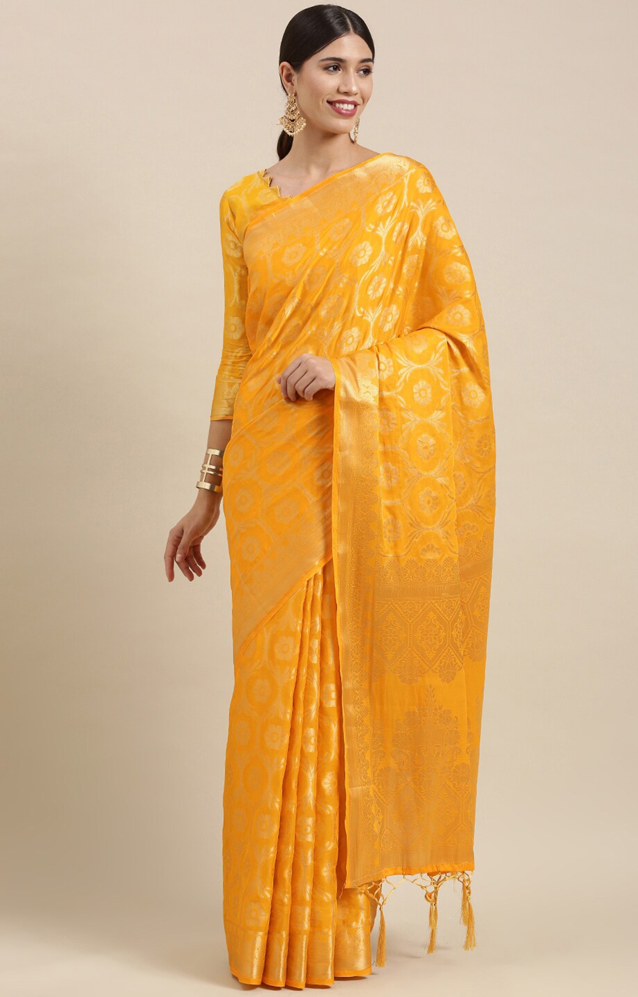Shaily Women's Yellow Silk Blend Woven Design Saree-SHY_MT1001YLW_SR01