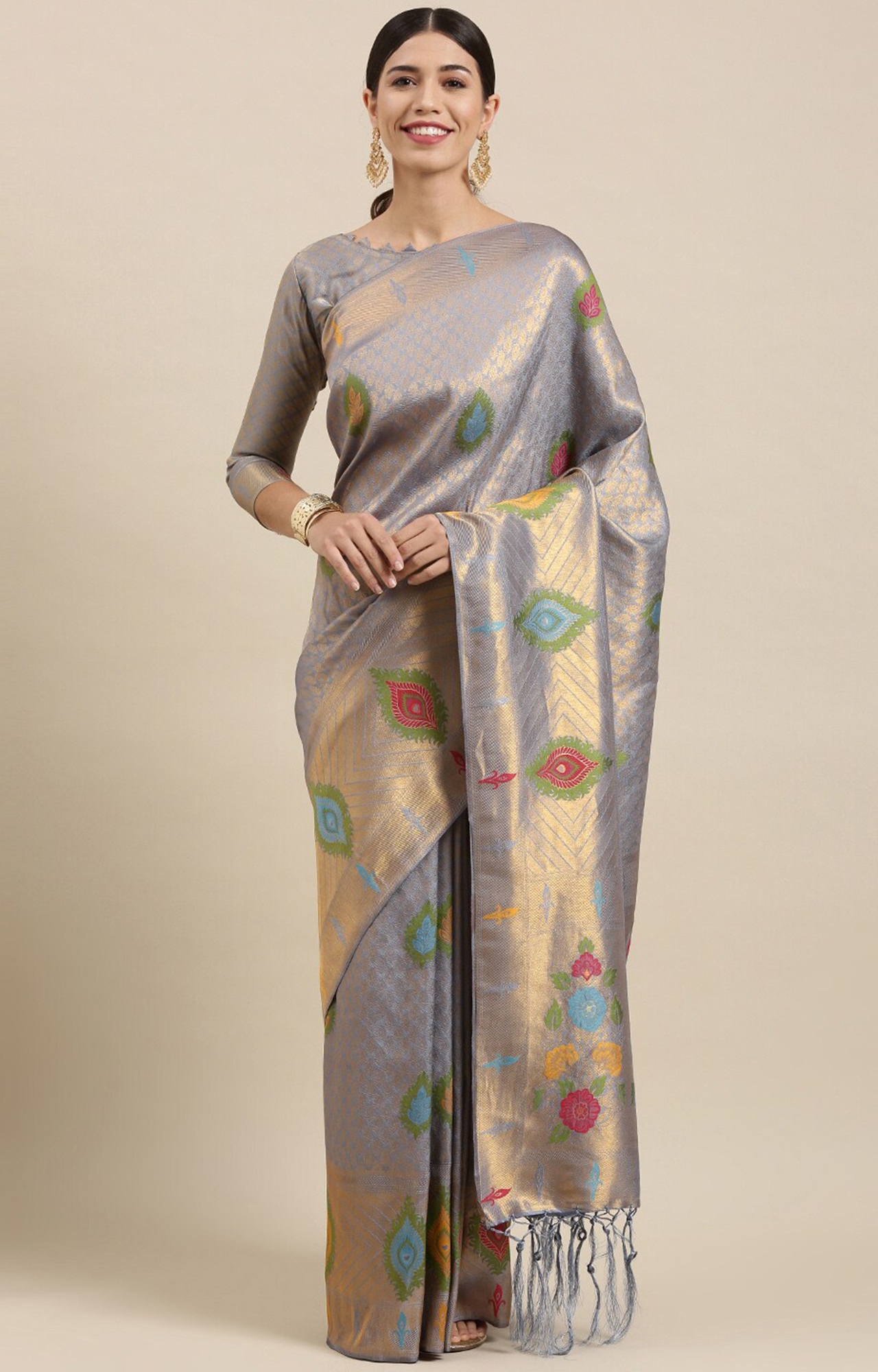Shaily Women's Grey Silk Blend Woven Design Saree-SHY_MYR1005GREY_SR01