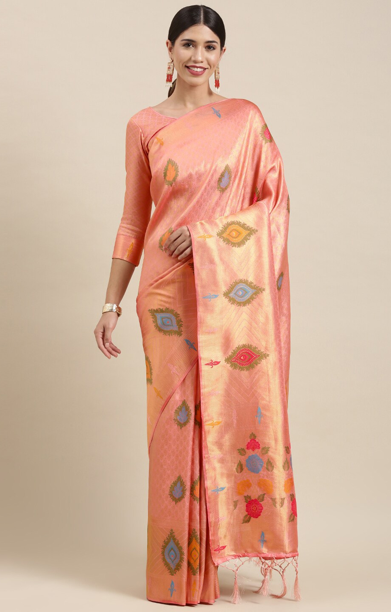 Shaily Women's Peach Silk Blend Woven Design Saree-SHY_MYR1005PEACH_SR01