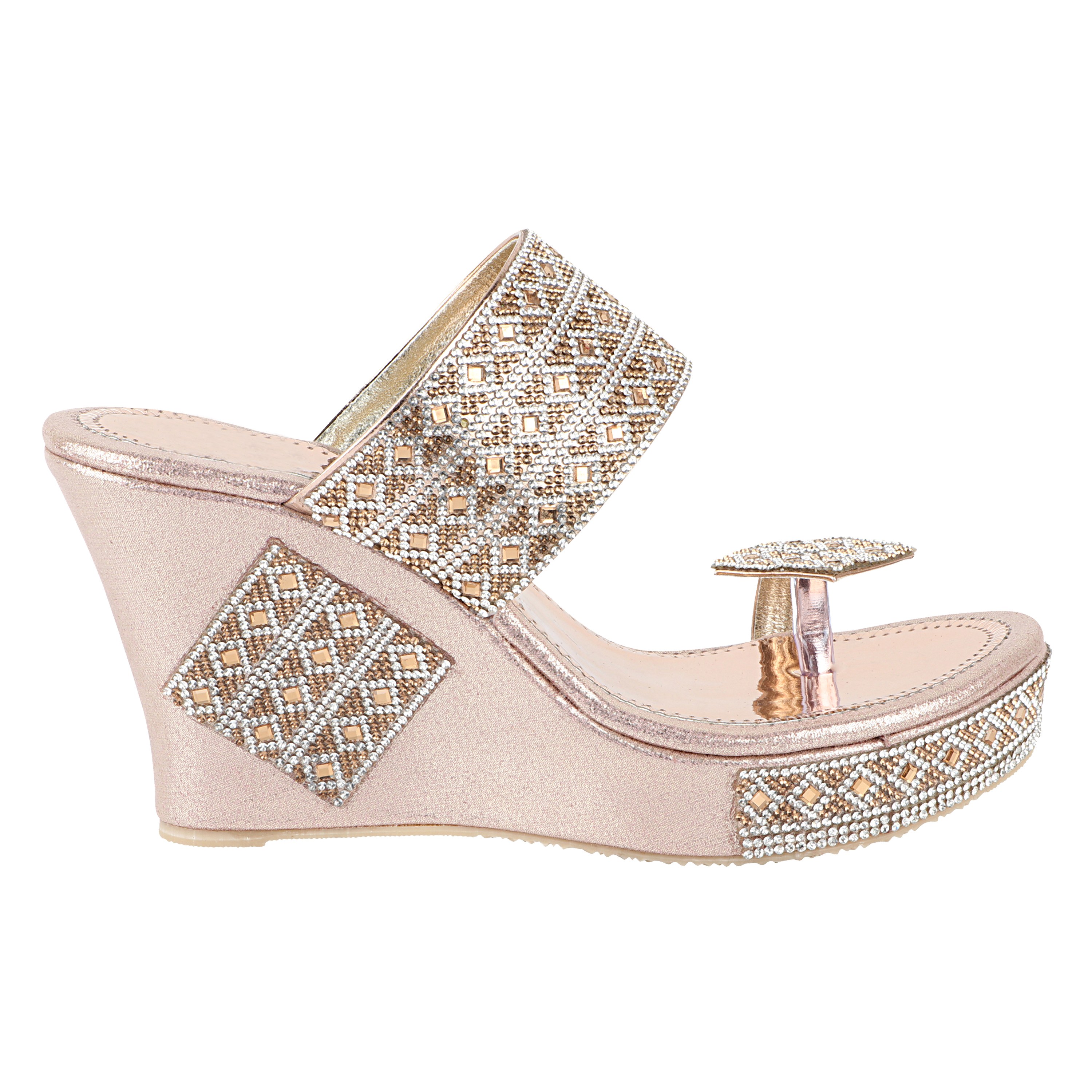 Shoetopia Women Rose Gold Toned Embellished Wedges