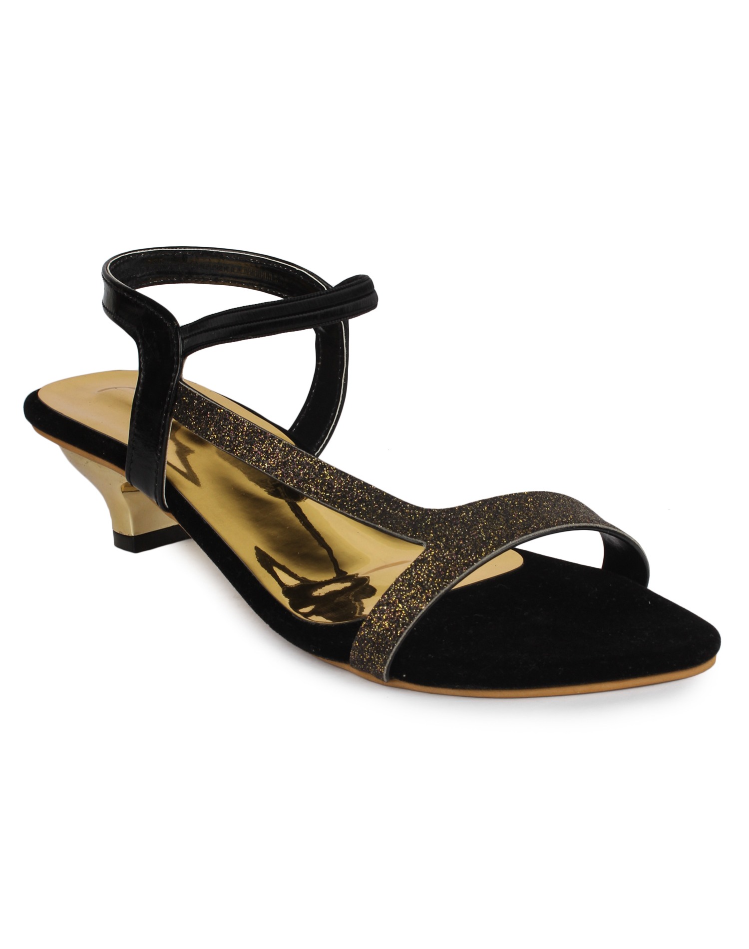 Shoetopia Women Black Gold Colourblocked Glitter Kitten Heels