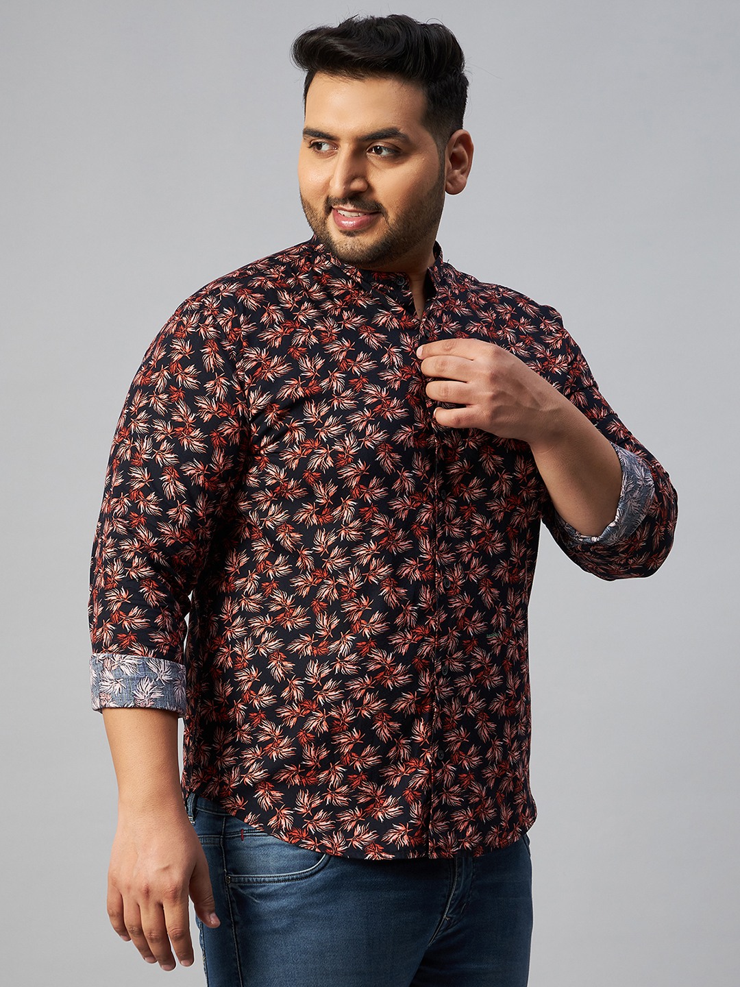 SHOWOFF Plus Men Black Printed Mandarin Collar Full Sleeves Regular Fit ...