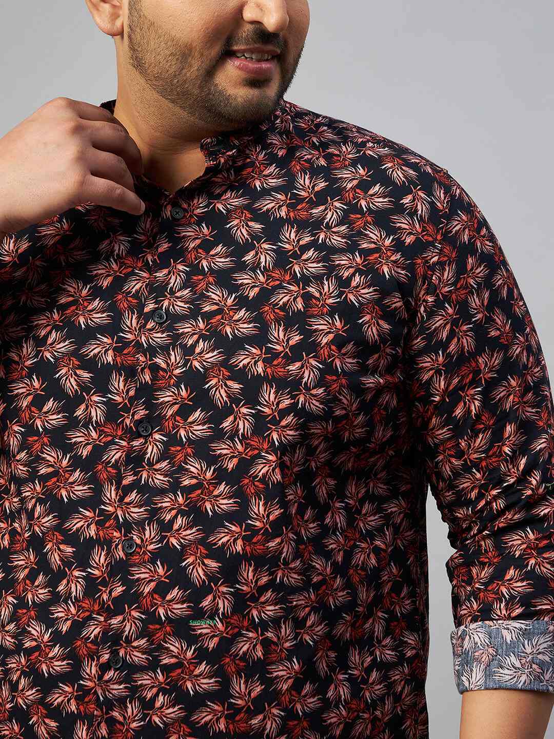 SHOWOFF Plus Men Black Printed Mandarin Collar Full Sleeves Regular Fit ...