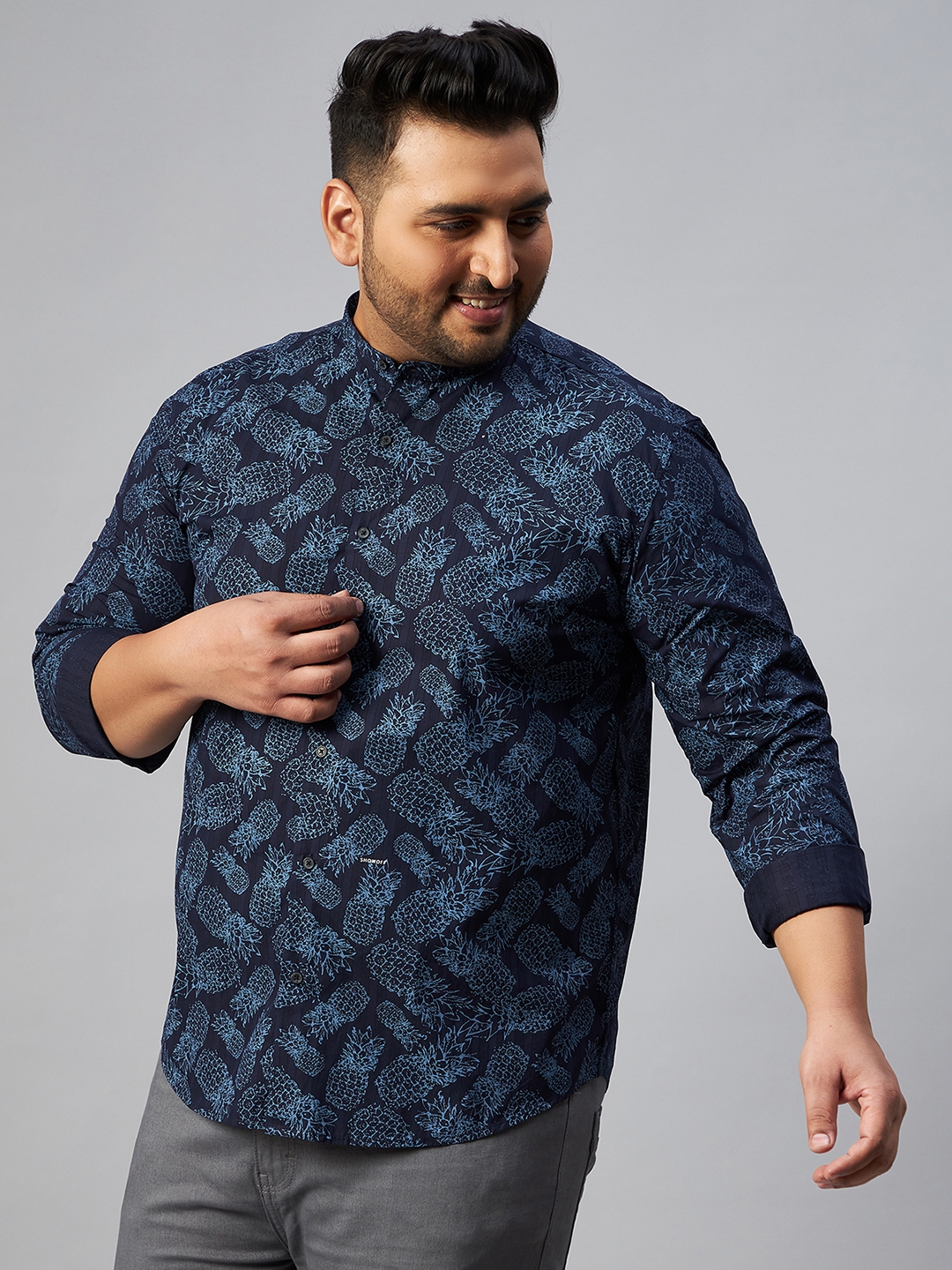 SHOWOFF Plus | SHOWOFF Plus Men Navy Blue Printed Mandarin Collar Full Sleeves Regular Fit Casual Shirt 1