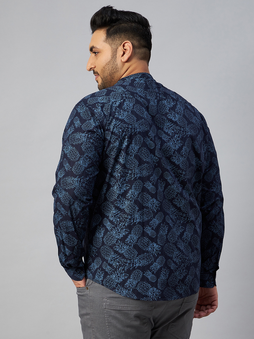 SHOWOFF Plus | SHOWOFF Plus Men Navy Blue Printed Mandarin Collar Full Sleeves Regular Fit Casual Shirt 3