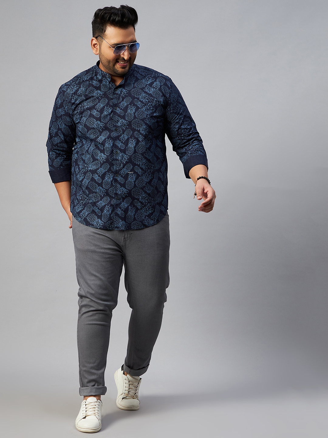 SHOWOFF Plus | SHOWOFF Plus Men Navy Blue Printed Mandarin Collar Full Sleeves Regular Fit Casual Shirt 4