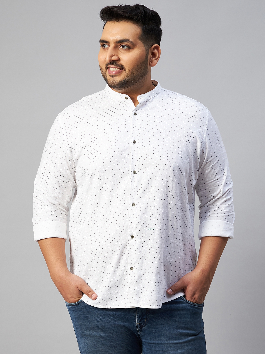 SHOWOFF Plus | SHOWOFF Plus Men Off White Printed Mandarin Collar Full Sleeves Regular Fit Casual Shirt 0