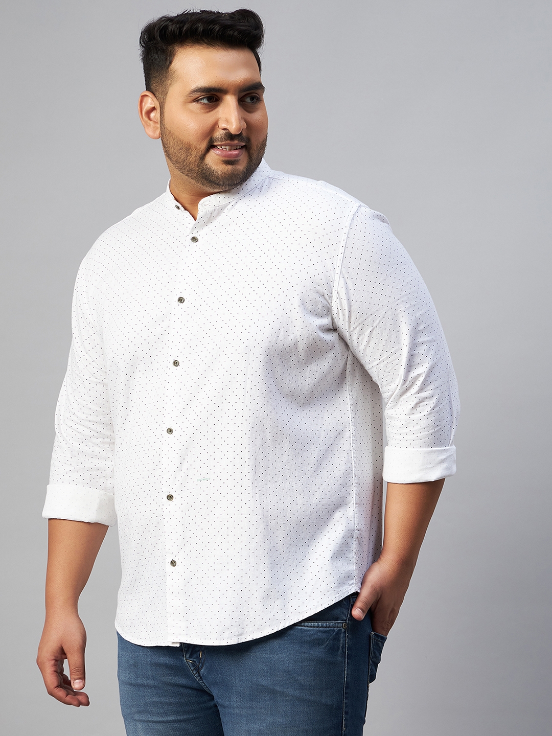 SHOWOFF Plus | SHOWOFF Plus Men Off White Printed Mandarin Collar Full Sleeves Regular Fit Casual Shirt 1