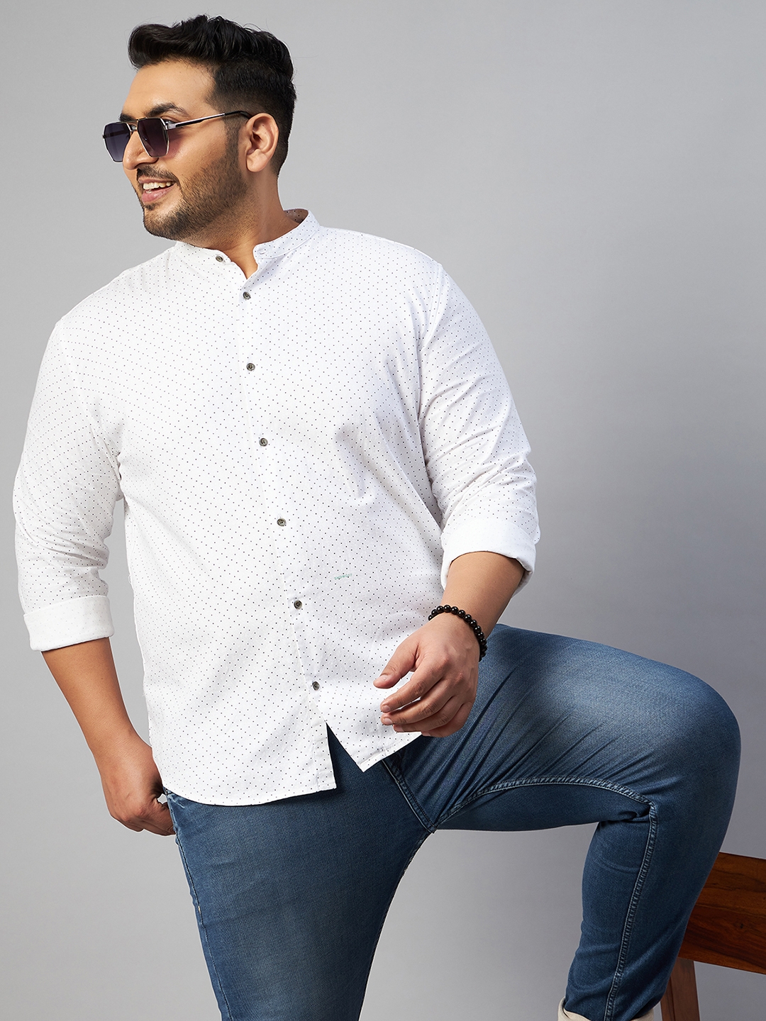 SHOWOFF Plus | SHOWOFF Plus Men Off White Printed Mandarin Collar Full Sleeves Regular Fit Casual Shirt 6