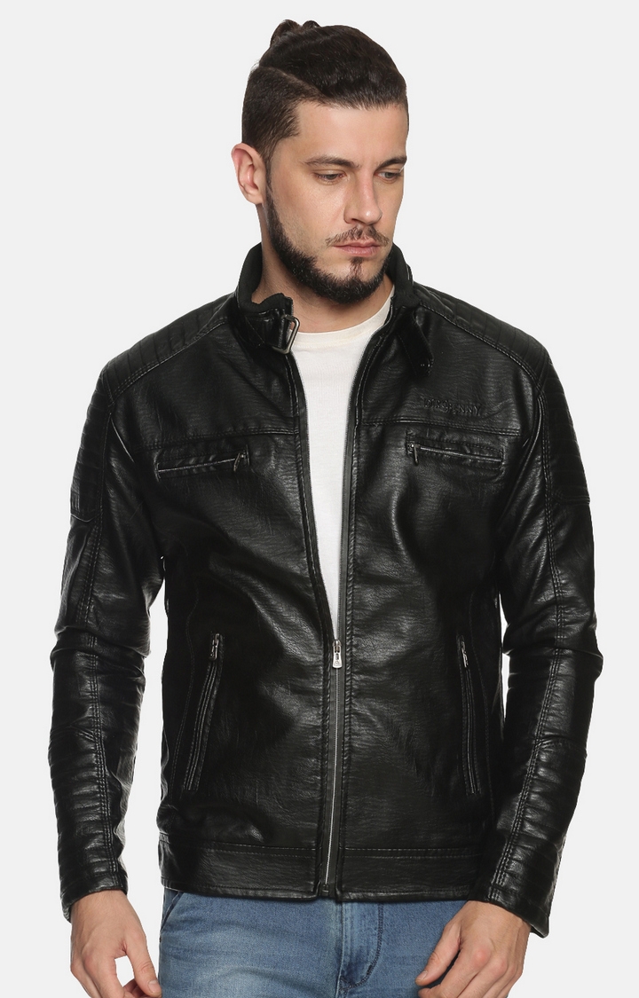 Showoff | Men Black Casual Solid Leather jacket 0
