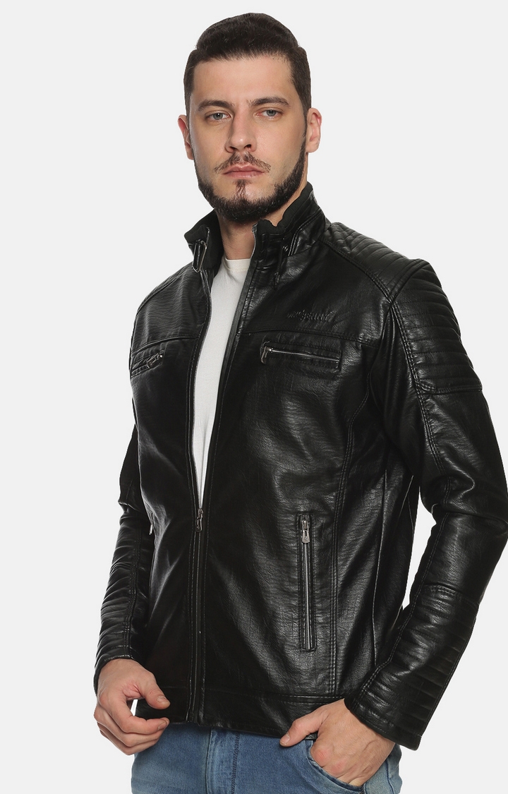 Showoff | Men Black Casual Solid Leather jacket 2