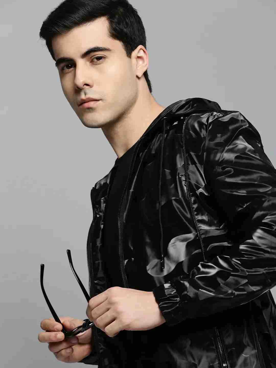 SHOWOFF Men Black Solid Hooded Full Sleeves Jacket
