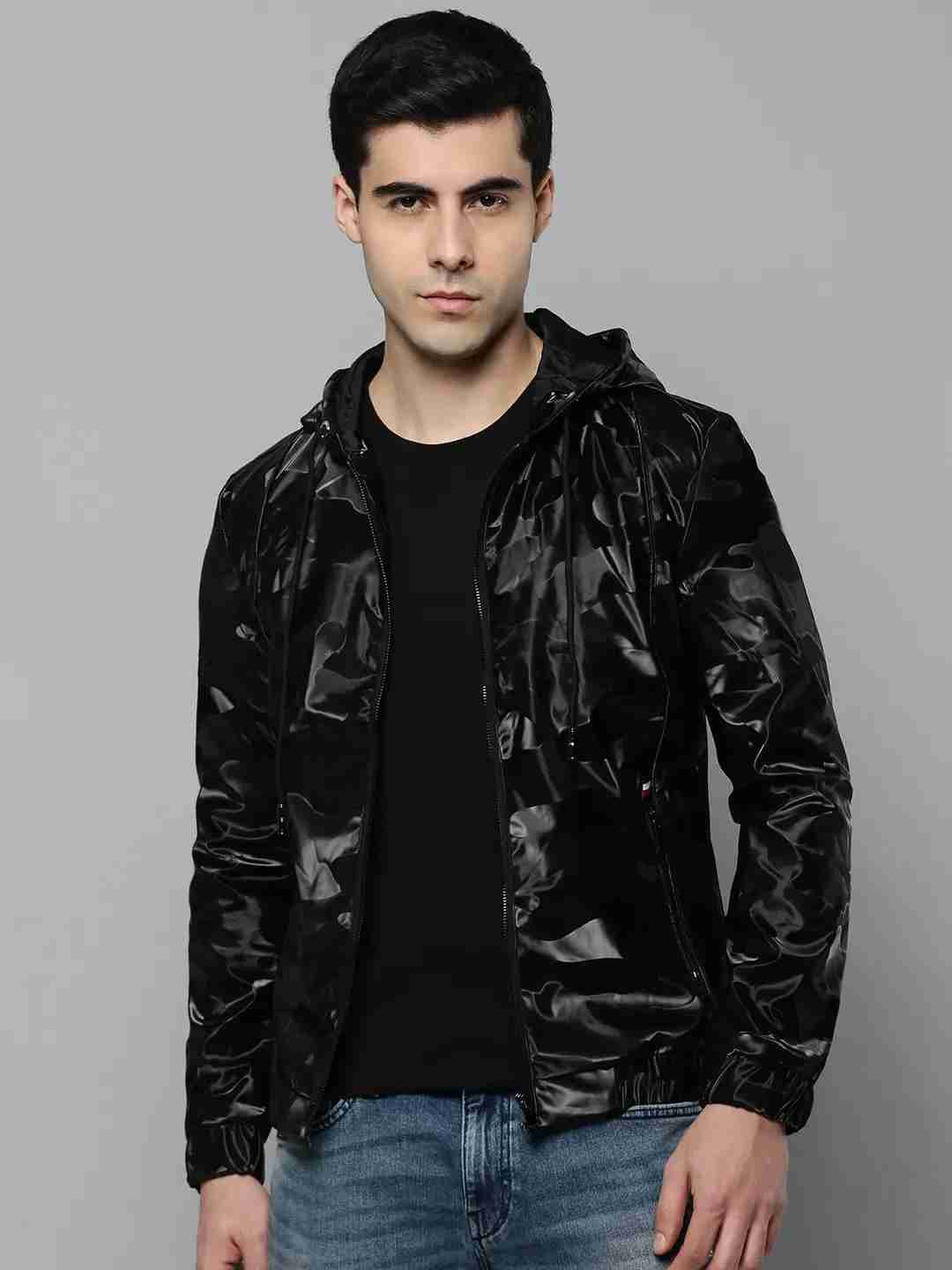 SHOWOFF Men Black Solid Hooded Full Sleeves Jacket