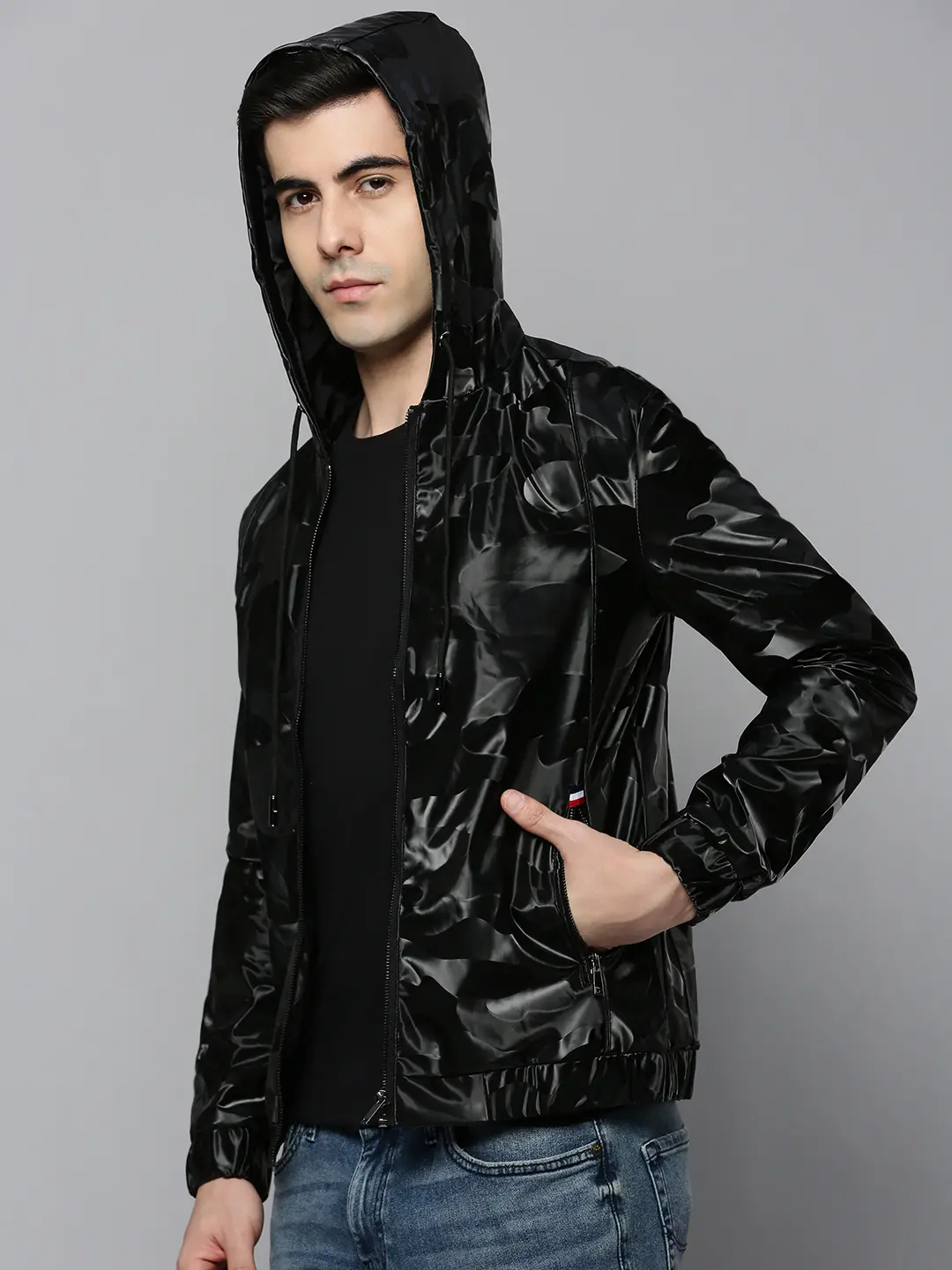 SHOWOFF Men Black Solid Hooded Full Sleeves Jacket