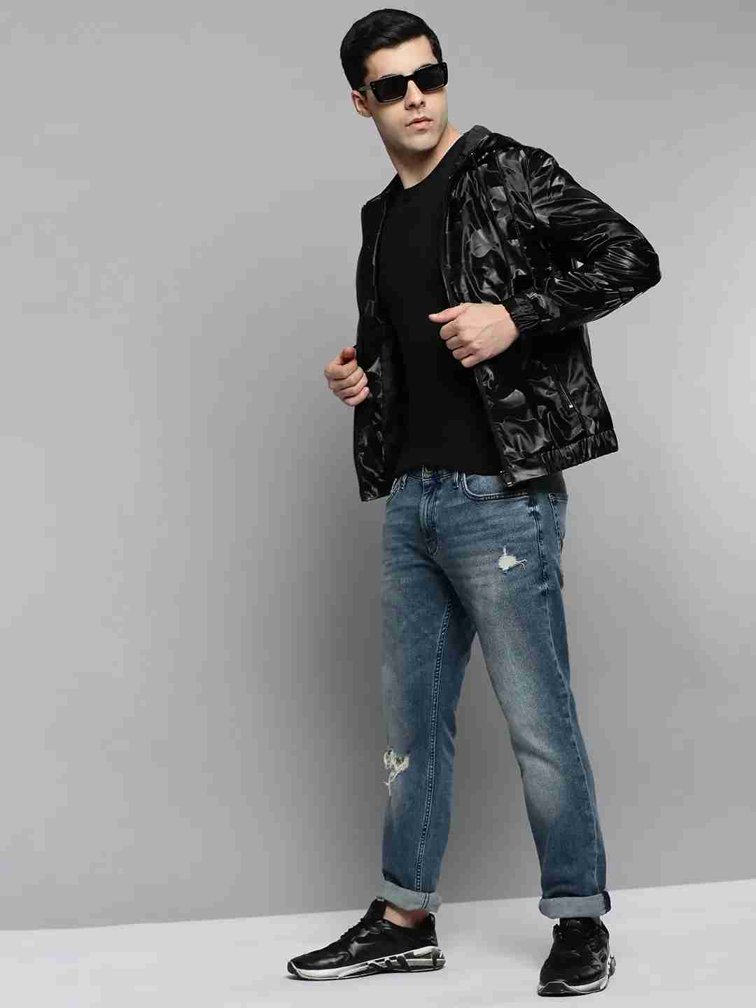 SHOWOFF Men Black Solid Hooded Full Sleeves Jacket