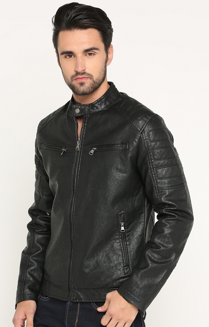 Showoff | SHOWOFF Men's Leather Full Sleeve Solid Black Casual Jacket 2