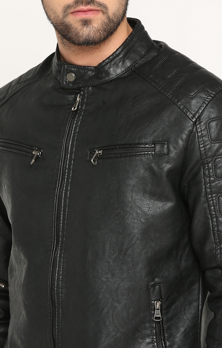 Showoff | SHOWOFF Men's Leather Full Sleeve Solid Black Casual Jacket 4