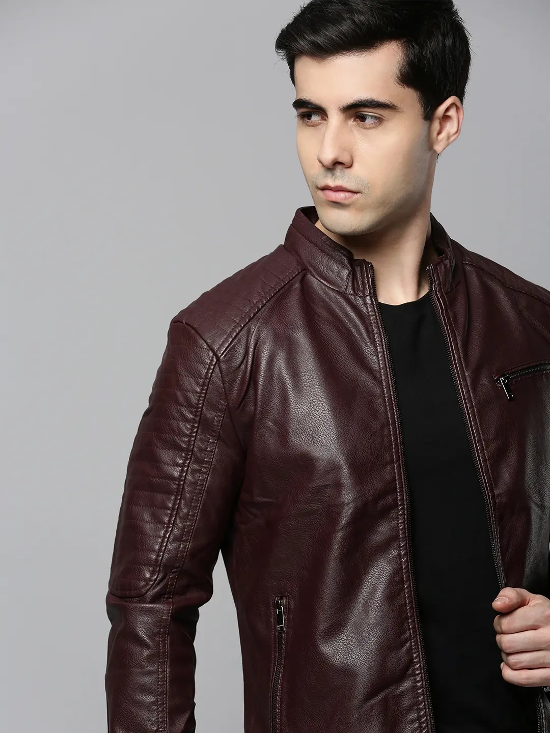 Men's Slim Fit Strap Buckle Collar Brown Leather Jacket
