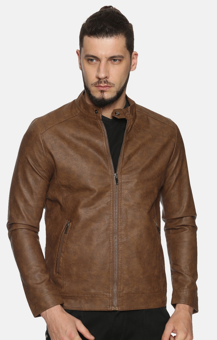 Showoff | Men Khaki Casual Solid Leather jacket 0