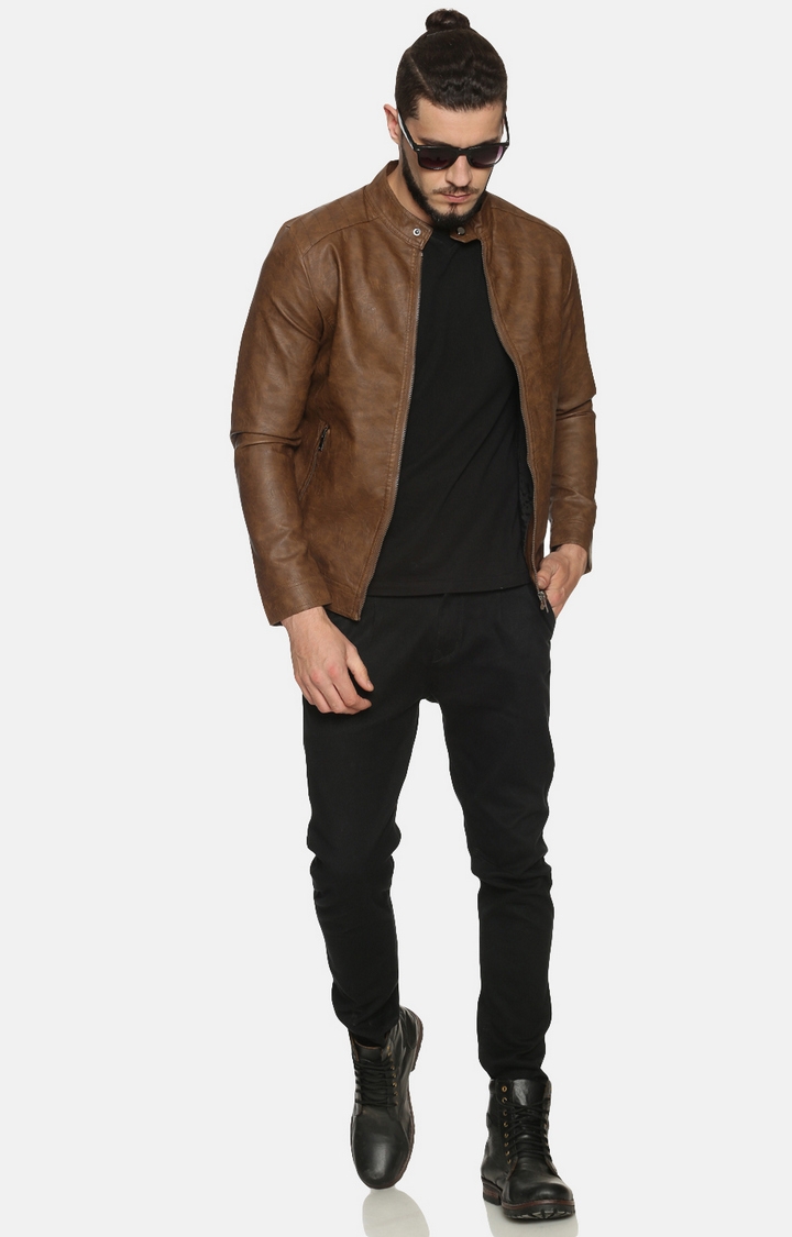 Showoff | Men Khaki Casual Solid Leather jacket 1