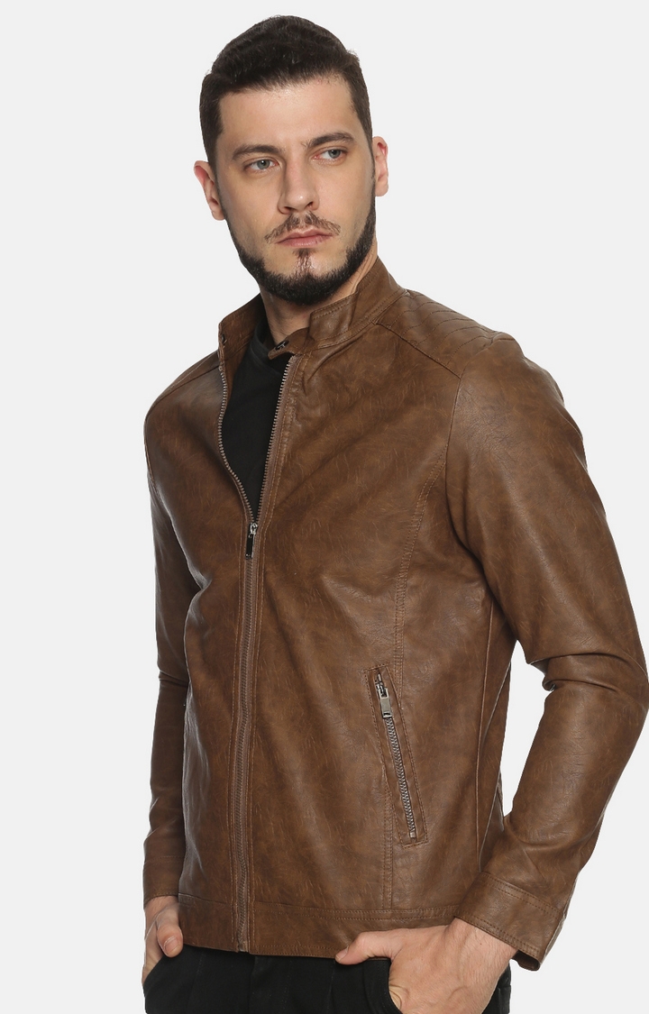 Showoff | Men Khaki Casual Solid Leather jacket 2